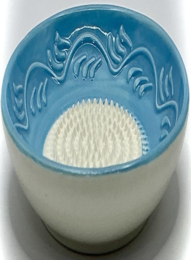 BonCera, All-in-one Premium Ceramic Garlic Grater Plate 4-Piece Set - Sky Blue Floral Edge Design - For Garlic, Ginger, Chocolate, and more! - Comes with 5" Plate, Peeler, Brush, and Stand - Image 4