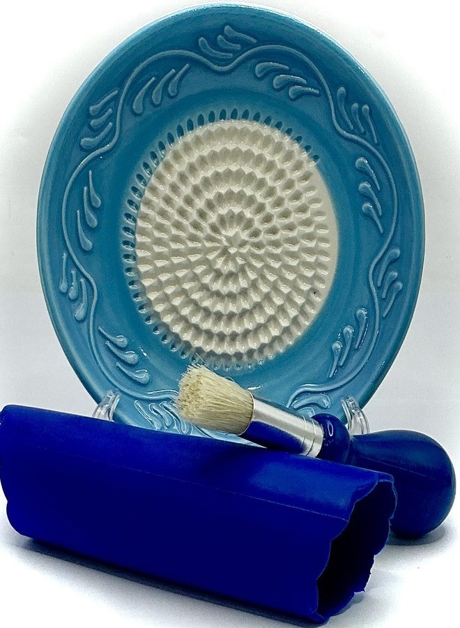 BonCera, All-in-one Premium Ceramic Garlic Grater Plate 4-Piece Set - Sky Blue Floral Edge Design - For Garlic, Ginger, Chocolate, and more! - Comes with 5" Plate, Peeler, Brush, and Stand - Image 1