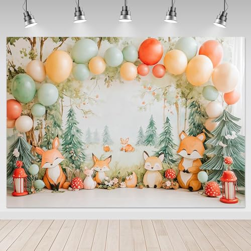 Mocsicka Woodland Baby Shower Backdrop Woodland Fairy Tale Forest Birthday Photography Background Decoration Cake Smash Fox Red Mushroom Photo Prop Supplies (7x5ft) - Image 5