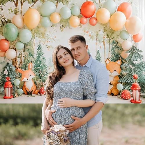 Mocsicka Woodland Baby Shower Backdrop Woodland Fairy Tale Forest Birthday Photography Background Decoration Cake Smash Fox Red Mushroom Photo Prop Supplies (7x5ft) - Image 2