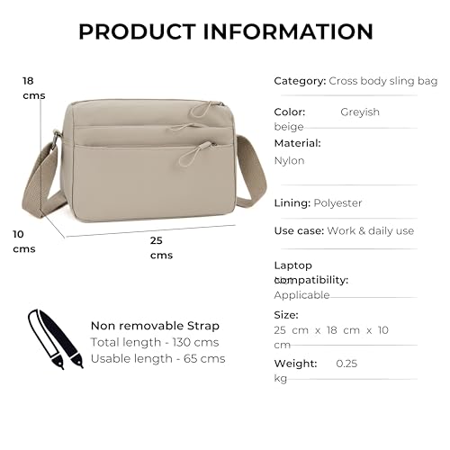 POPCUBE Nylon Small Crossbody Sling Bag for Women | 4 Zipper Compartments with Hidden Inner Pocket, Adjustable Shoulder Strap | Lightweight Travel Side Bag | 25cm x 10cm x 18cm (Beige) - Image 2
