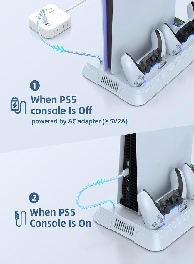 حامل PS5 / PS5 Pro / PS5 Slim ومحطة تبريد مع محطة شحن وحدة تحكم لوحدة التحكم الرقمية / القرصية القياسية من Playsation 5 Slim & ملحقات PS5 بما في ذلك شاحن وحدة التحكم ومروحة توربو و 3 منافذ USB وحامل سماعة الرأس - Image 5