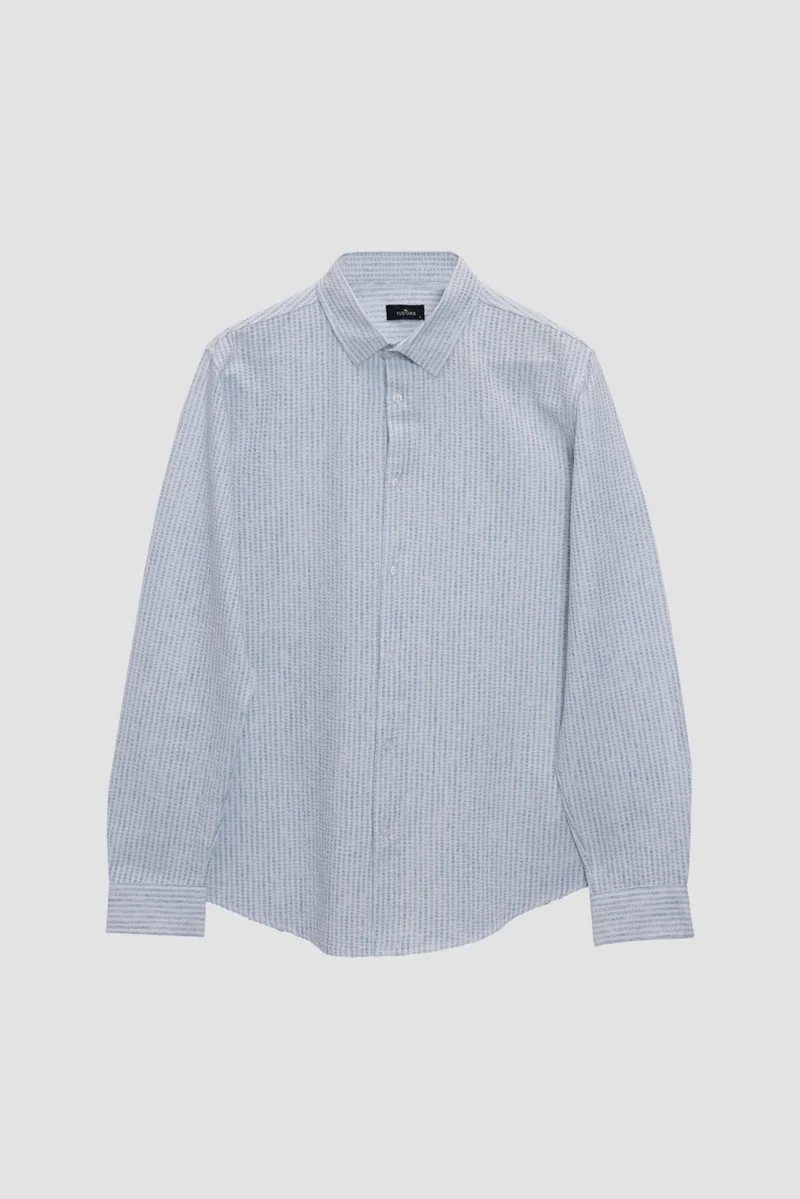 تودورس Slim Fit Slim Cut Striped Single Pocket Flexible Summer Men's White Shirt