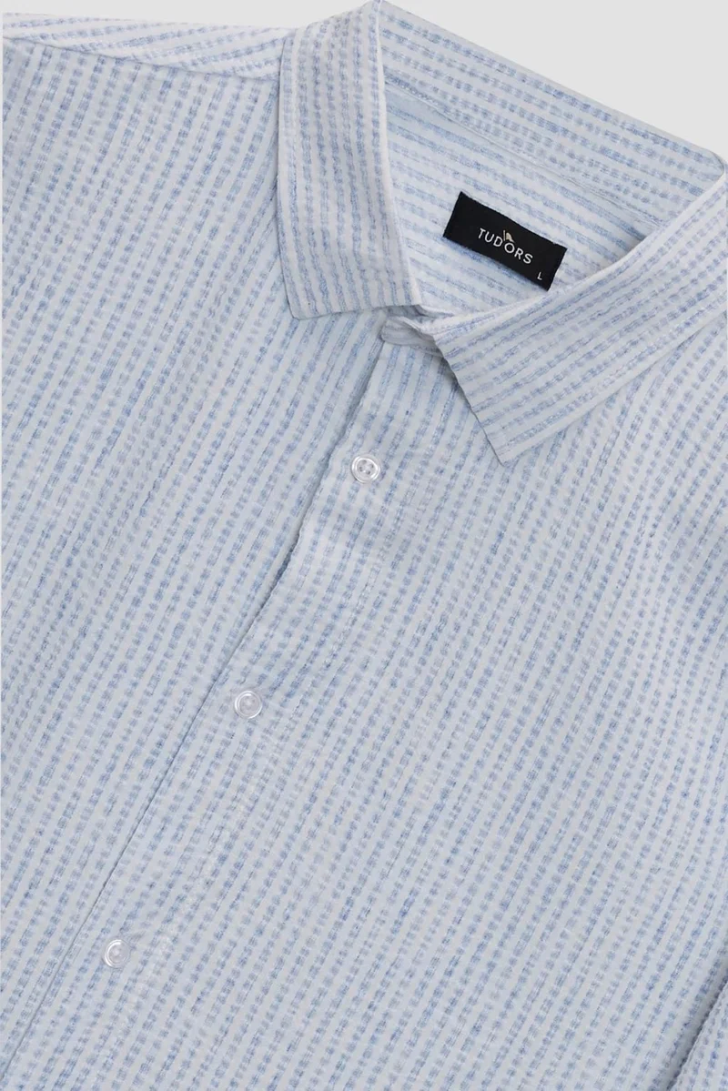 تودورس Slim Fit Slim Cut Striped Single Pocket Flexible Summer Men's White Shirt