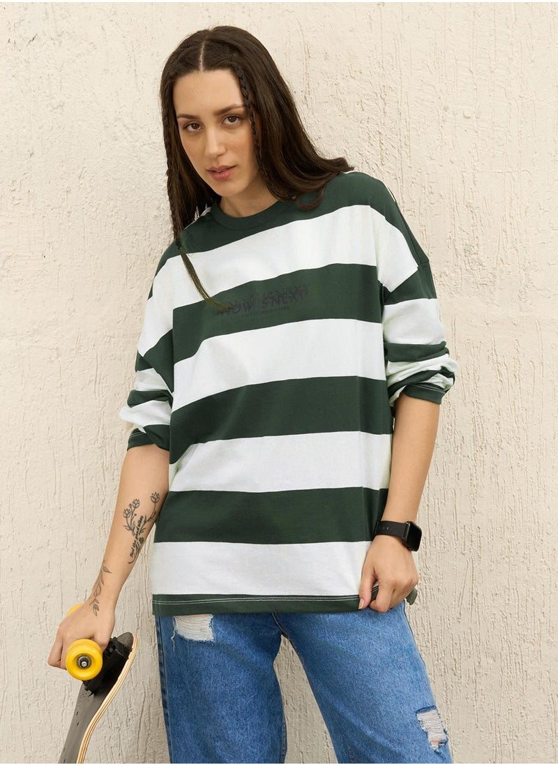 Hubberholme - Boxy Green T-Shirt for Women, Striped and Full Sleeve - Image 1