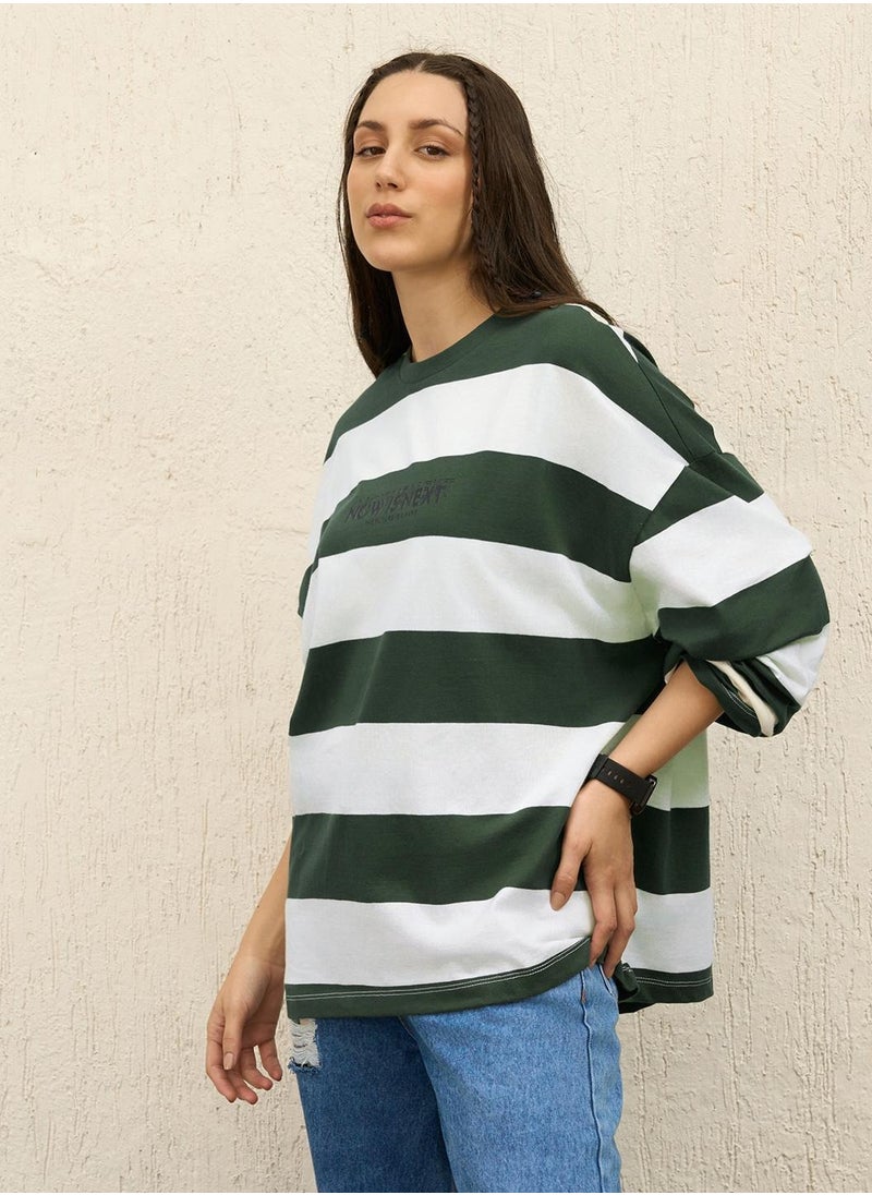 Hubberholme - Boxy Green T-Shirt for Women, Striped and Full Sleeve - Image 1