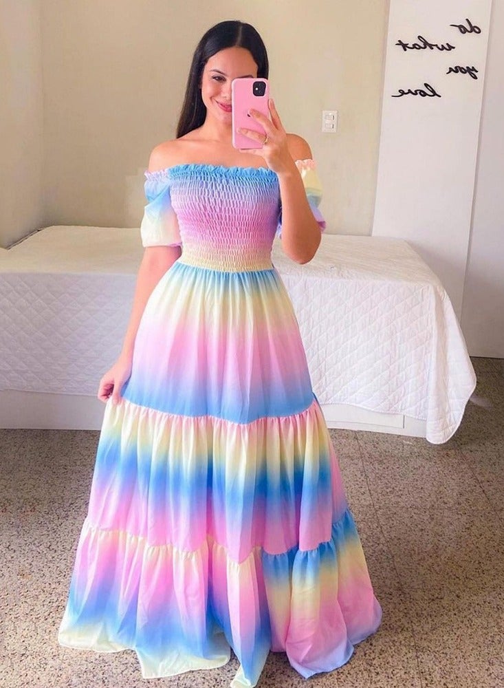 NIBEMINENT Women's Dress One-shoulder Floral Print Fashion Off-the-shoulder Long Printed Dress - Image 1