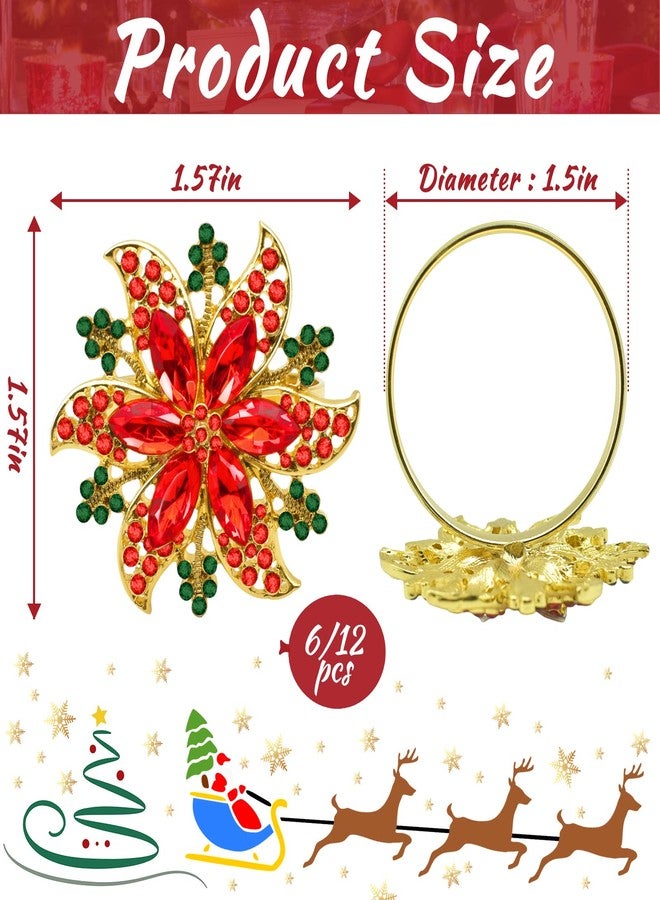 Legigo Set of 8 Christmas Flower Napkin Rings Set for Dinning Table Setting- Red Rhinestone Xmas Winter Napkin Ring Holders for Cloth Napkins, Christmas Holiday Party Dinner Table Decoration - Image 2