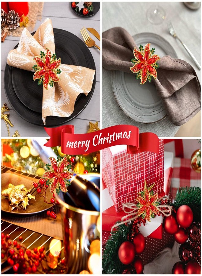Legigo Set of 8 Christmas Flower Napkin Rings Set for Dinning Table Setting- Red Rhinestone Xmas Winter Napkin Ring Holders for Cloth Napkins, Christmas Holiday Party Dinner Table Decoration - Image 5