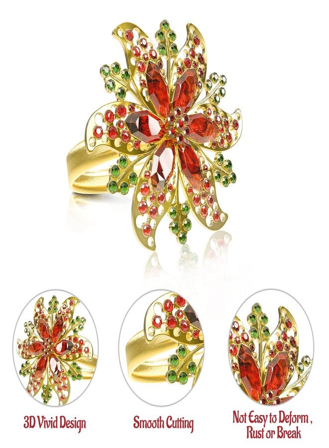 Legigo Set of 8 Christmas Flower Napkin Rings Set for Dinning Table Setting- Red Rhinestone Xmas Winter Napkin Ring Holders for Cloth Napkins, Christmas Holiday Party Dinner Table Decoration - Image 3