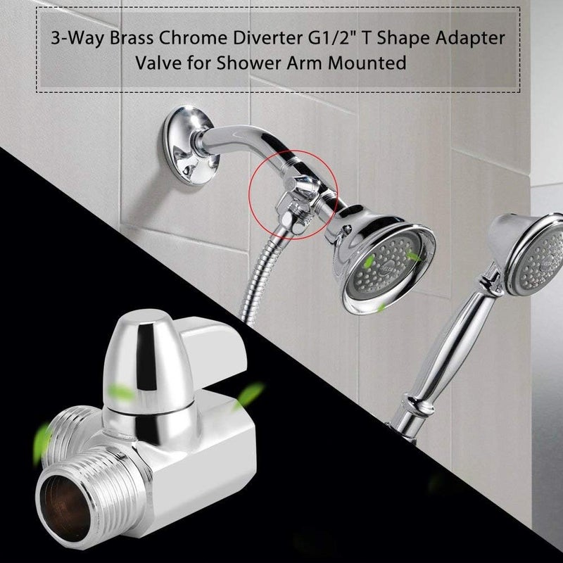 klarako Brass Shower Arm Diverter Valve, G1/2" T-Valve Adapter 3 Way Shower Diverter Valve Bathroom Attachment Universal Shower System Component Part for Hand Held Showerhead and Fixed Spray Head - Image 2