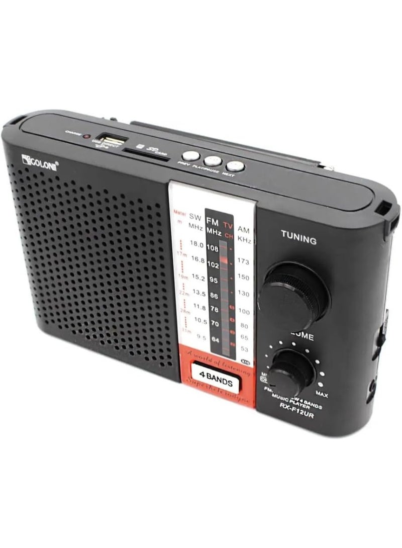 Golon Portable Multi-Band FM/AM/SW Rechargeable Radio with Bluetooth Wireless Speaker, MP3 Player, USB & TF Card Support, High Volume Sound, Built-In Antenna, Travel Radio for Home, Camping, Emergency and Outdoor Use, RX-F12UR Black - Image 1