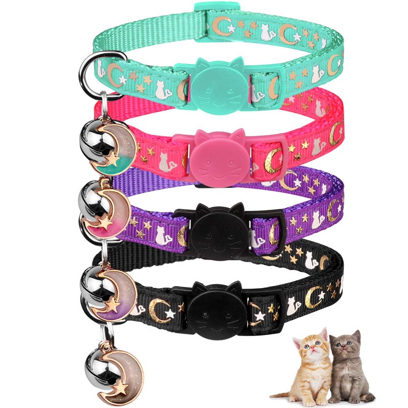Baeuppit 4PCS Cat Collar with Bells,Breakaway Cat Collars,Kitten Collar with Bell Moons Stars Cute Kitty Safe with Pendant,Cat Collars for Girl Cats 6.9-10.7 Inch(Black&Purple&Pink&Teal) - Image 1