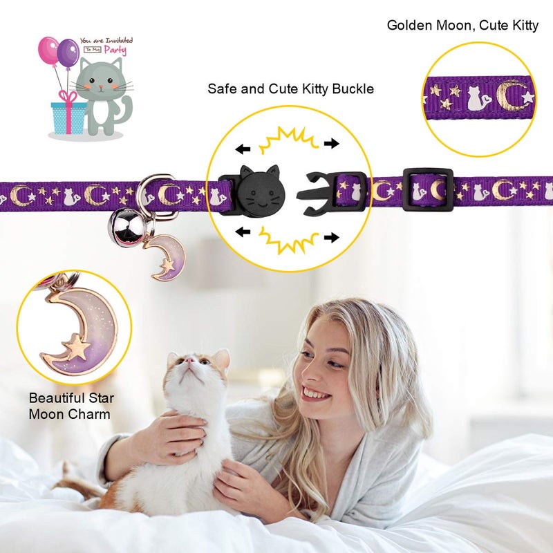 Baeuppit 4PCS Cat Collar with Bells,Breakaway Cat Collars,Kitten Collar with Bell Moons Stars Cute Kitty Safe with Pendant,Cat Collars for Girl Cats 6.9-10.7 Inch(Black&Purple&Pink&Teal) - Image 3
