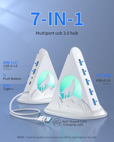 JoyReken USB Hub 3.0, 7-Port USB Hub with RGB Night Light and Base, Vertical USB a Splitter for Desktop,Laptop, MacBook, Game Console, Flash Drive, XPS, PC, Printer, Camera, Keyboard（White+Base） - Image 2