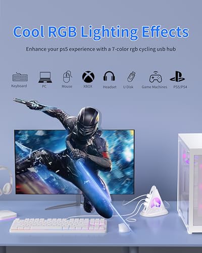 JoyReken USB Hub 3.0, 7-Port USB Hub with RGB Night Light and Base, Vertical USB a Splitter for Desktop,Laptop, MacBook, Game Console, Flash Drive, XPS, PC, Printer, Camera, Keyboard（White+Base） - Image 4