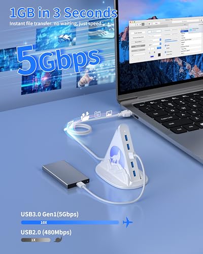 JoyReken USB Hub 3.0, 7-Port USB Hub with RGB Night Light and Base, Vertical USB a Splitter for Desktop,Laptop, MacBook, Game Console, Flash Drive, XPS, PC, Printer, Camera, Keyboard（White+Base） - Image 5
