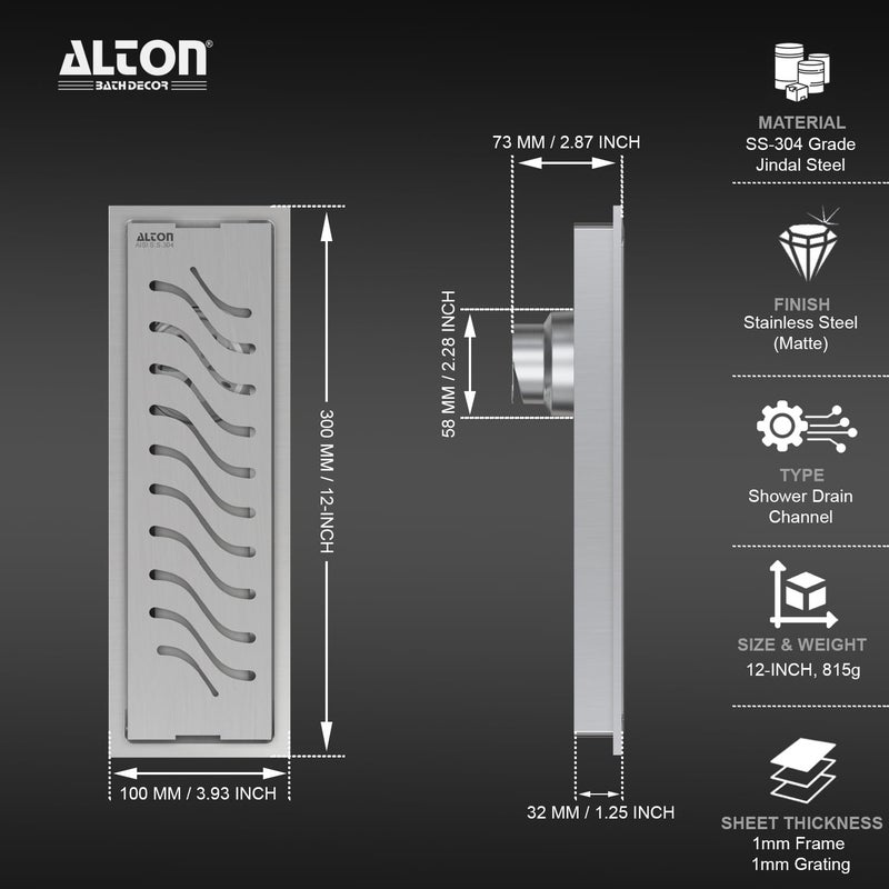 Alton ALTON ALD1016 SS304 Grade 12INCH Bathroom Shower Channel Floor Drain with Cockroach Trap Matte - Image 2