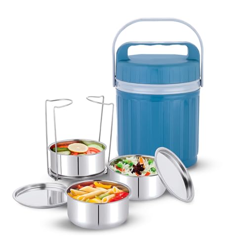 WARMEO PRO Meal 3 Pcs Stainless Steel Containers 250 ml Each, PU Insulated, Hot & Cold Leak-Proof Lunch Box for Office, College, Picnic, Blue - Image 1