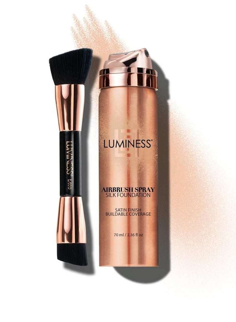 LUMINESS LUMINESS Silk Airbrush Spray Foundation & Buffing Brush Kit – Full Coverage Foundation & Dual-Sided Buffing Brush - Buildable Coverage, Anti-Aging Formula Hydrates & Moisturizes - Neutral Fair - Image 1