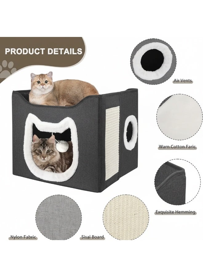 A.M Cat House, Cat Beds for Indoor Cats, Foldable Cat Cave with Fluffy Ball and Scratching Pad, Cat House Indoor for Multi Small Pets - Image 2
