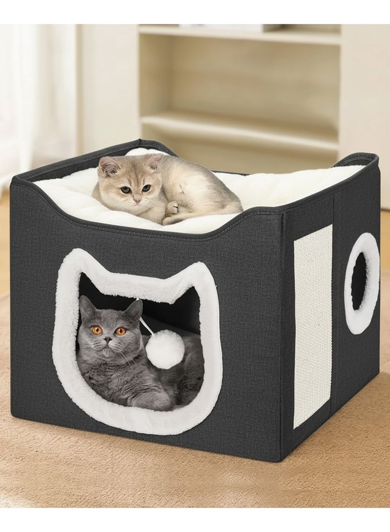 A.M Cat House, Cat Beds for Indoor Cats, Foldable Cat Cave with Fluffy Ball and Scratching Pad, Cat House Indoor for Multi Small Pets - Image 1