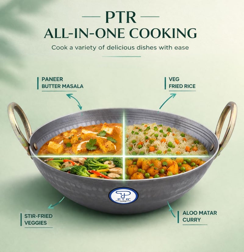 PTR Smooth Edge Iron Kadai 2.5 Litre 10.75 Inch Food Grade Hammered Heavy Base Lohe Ki Kadhai Metal Spoon Friendly Gas Induction Compatible 20 Year Warranty 1300 Gram - Image 3