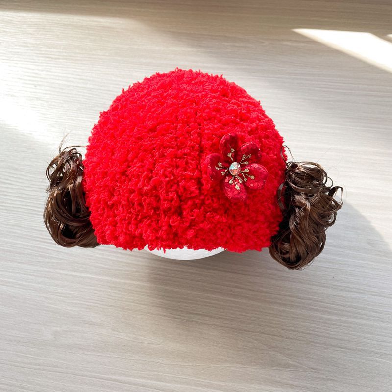 Baby Girl New Year Red Chinese Style Hat Red flowers  - Image 1