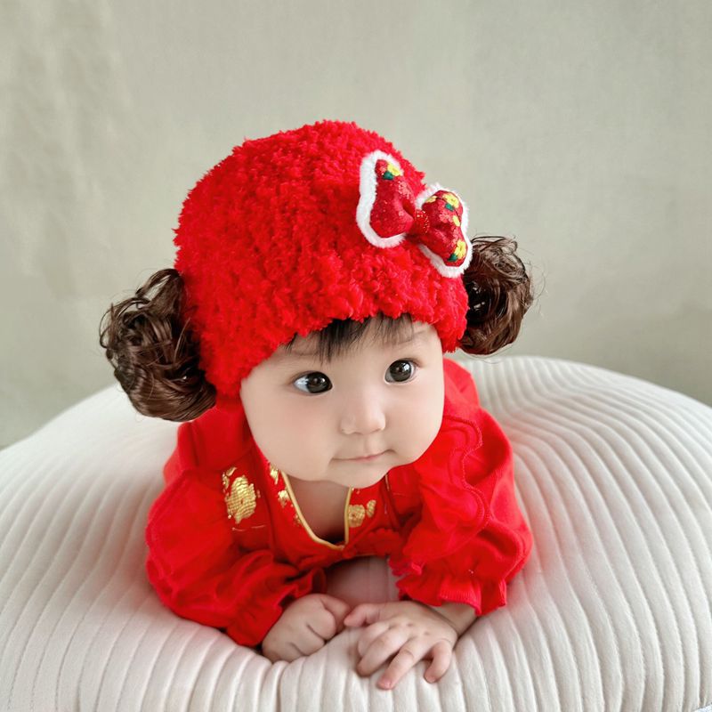 Baby Girl New Year Red Chinese Style Hat Red flowers  - Image 4