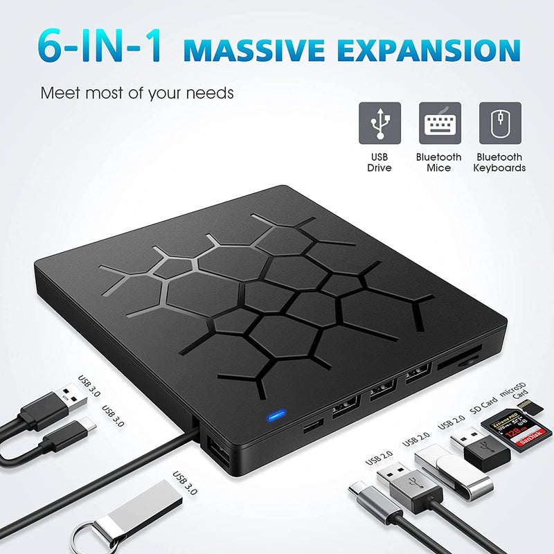 External DVD Drive, USB 3.0 CD DVD Burner for Laptop, Type-C CD/DVD ROM +/-RW Optical Disk Drive with 4 USB Ports and 2 SD Card Slots, Ultra Slim, for Mac, PC Windows 11/10/8/7 Linux OS - Image 4