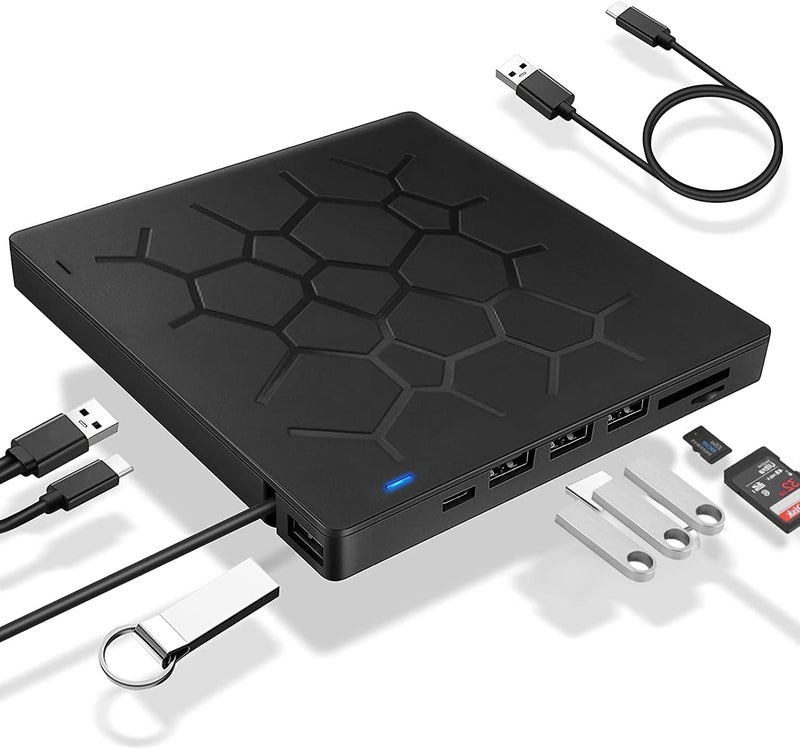 External DVD Drive, USB 3.0 CD DVD Burner for Laptop, Type-C CD/DVD ROM +/-RW Optical Disk Drive with 4 USB Ports and 2 SD Card Slots, Ultra Slim, for Mac, PC Windows 11/10/8/7 Linux OS - Image 1