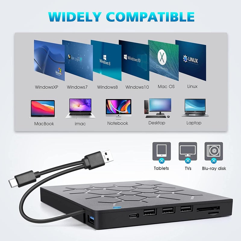 External DVD Drive, USB 3.0 CD DVD Burner for Laptop, Type-C CD/DVD ROM +/-RW Optical Disk Drive with 4 USB Ports and 2 SD Card Slots, Ultra Slim, for Mac, PC Windows 11/10/8/7 Linux OS - Image 5