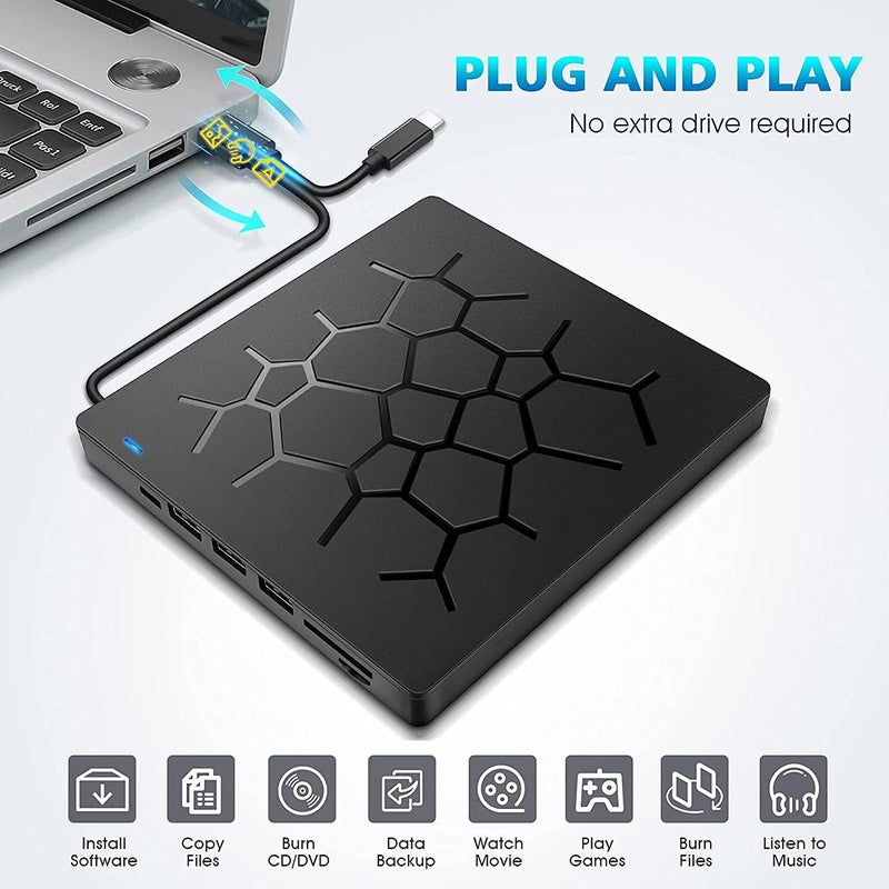 External DVD Drive, USB 3.0 CD DVD Burner for Laptop, Type-C CD/DVD ROM +/-RW Optical Disk Drive with 4 USB Ports and 2 SD Card Slots, Ultra Slim, for Mac, PC Windows 11/10/8/7 Linux OS - Image 2