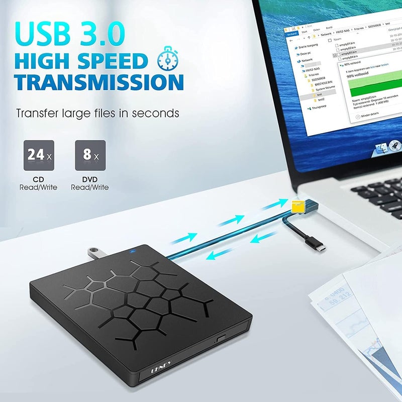 External DVD Drive, USB 3.0 CD DVD Burner for Laptop, Type-C CD/DVD ROM +/-RW Optical Disk Drive with 4 USB Ports and 2 SD Card Slots, Ultra Slim, for Mac, PC Windows 11/10/8/7 Linux OS - Image 3