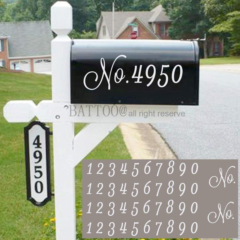BATTOO Mailbox Numbers Sticker Decal Die Cut Script White No. Self Adhesive 4 Sets Vinyl Number White for Mailbox, Signs, Window, Door, Cars, Trucks, Home, Business, Address Number, Indoor or Outdoor - Image 1