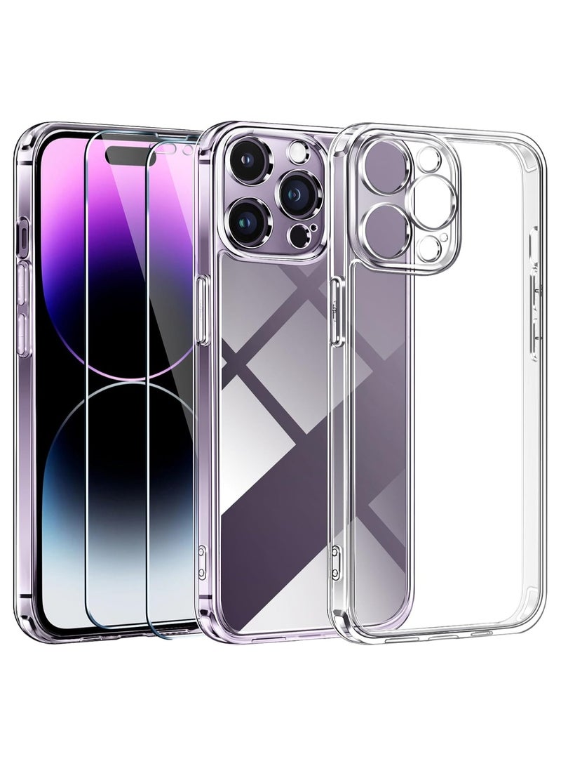 ELTRAZONE [3 in 1 Camera Protection Case for iPhone 14 pro max 6.7" [Long Lasting Clarity] [Military Grade Shockproof], 1 Phone Case + 2 Glass Screen Protector, Protective Hard Back Slim Cover - Clear - Image 1