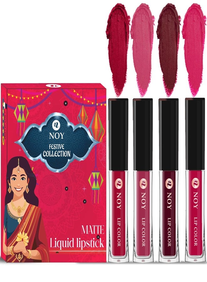 Noy Festival Liquid Matte Lipstick 4 Pack Essential Shades Cherry Pink, Pruple, Maroon, Magenta Shades - Image 1