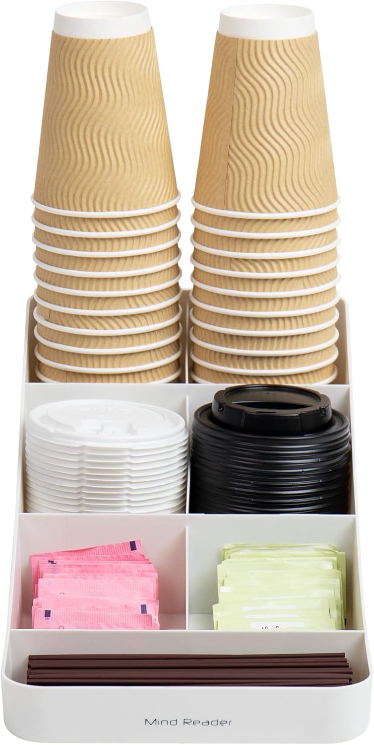 Mind Reader 7 Compartment Coffee Condiment, Cups, Lids, Sugars, Stirrers,Storage Organizer, White - Image 4