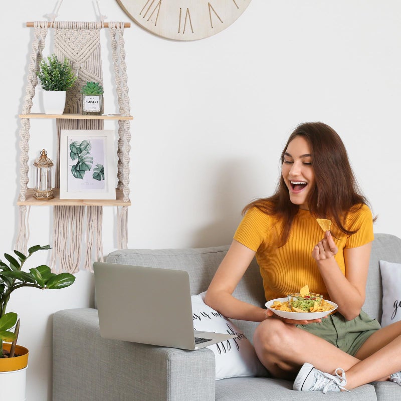 Barydat 2 Pack Macrame Wall Hanging Shelf 2 Tier Handmade Boho Hanging Wall Shelf Floating Woven Rope Decorative Storage Racks Holder Organizer for Home Bedroom Bathroom Plants, Beige (Classic) - Image 5