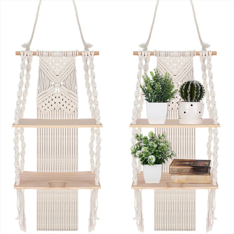 Barydat 2 Pack Macrame Wall Hanging Shelf 2 Tier Handmade Boho Hanging Wall Shelf Floating Woven Rope Decorative Storage Racks Holder Organizer for Home Bedroom Bathroom Plants, Beige (Classic) - Image 1