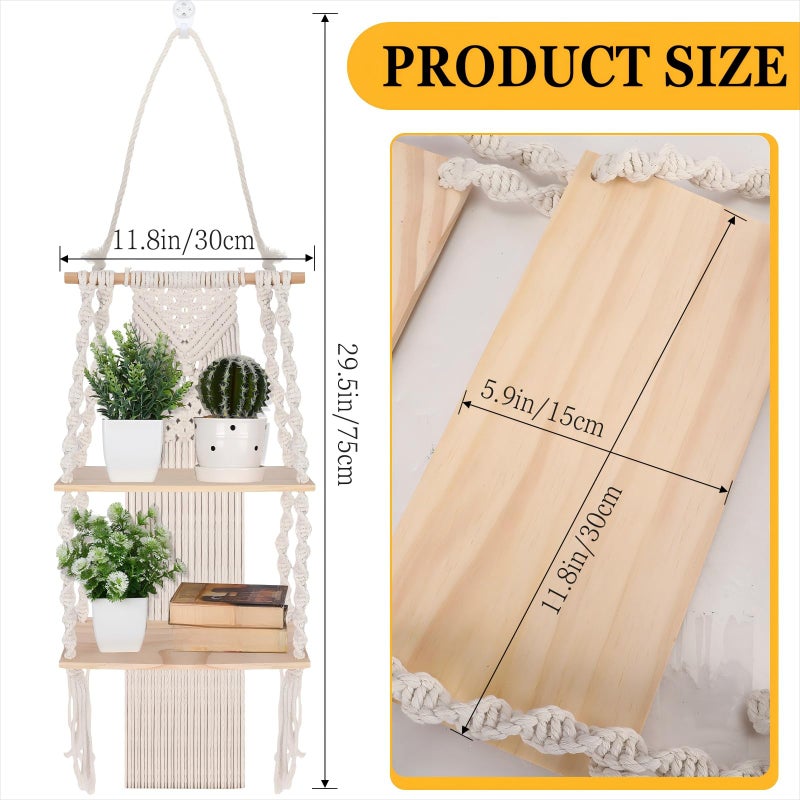 Barydat 2 Pack Macrame Wall Hanging Shelf 2 Tier Handmade Boho Hanging Wall Shelf Floating Woven Rope Decorative Storage Racks Holder Organizer for Home Bedroom Bathroom Plants, Beige (Classic) - Image 2