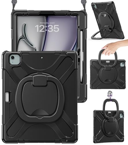 BRAECN for iPad Air 13 Inch Case M4 2026/M3 2025/M2 2024, Rugged iPad Pro 12.9 Inch 6th/5th/4th/3rd Gen Cover with Kickstand, Swivel Handle Grip, Shoulder Strap, Apple Pencil Charging Holder, Black
