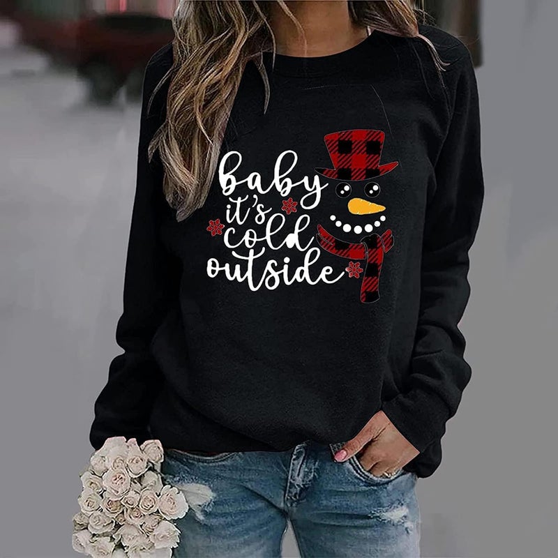 woobles Women Graphic T Shirt Tops 2021 Autumn Winter New Long-Sleeved Christmas O-Neck T-Shirt Ladies Daily Clothes Christmas Xmas Gifts Cute Christmassy Jumper Loose Oversize Girls Xmas Tops Casual - Image 2