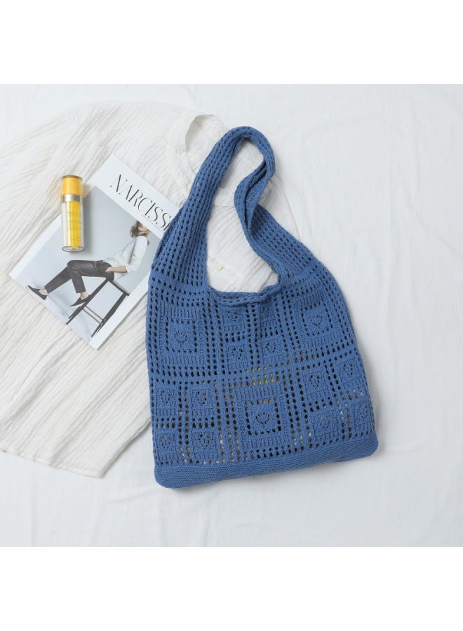 Knitted Bag Women's Spring And Summer Hand Bag Retro Mesh Hollow Simple Woven Bag Women's Shoulder Bag Bags Bag-Color:hollow Blue Bag - Image 1