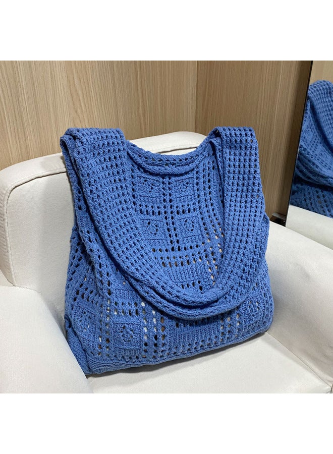 Knitted Bag Women's Spring And Summer Hand Bag Retro Mesh Hollow Simple Woven Bag Women's Shoulder Bag Bags Bag-Color:hollow Blue Bag - Image 2