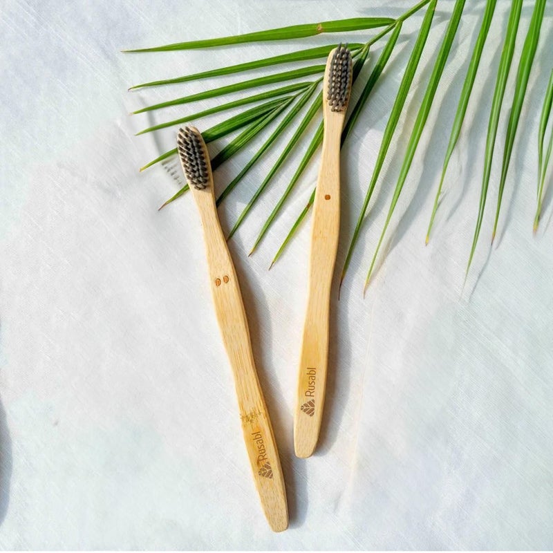 Rusabl Organic Bamboo Toothbrush for Adults (Pack of 2) Manual, Charcoal Activated Soft Bristles, Identification Marks, Biodegradable, Anti-Bacterial, Eco-friendly, Natural - Image 1