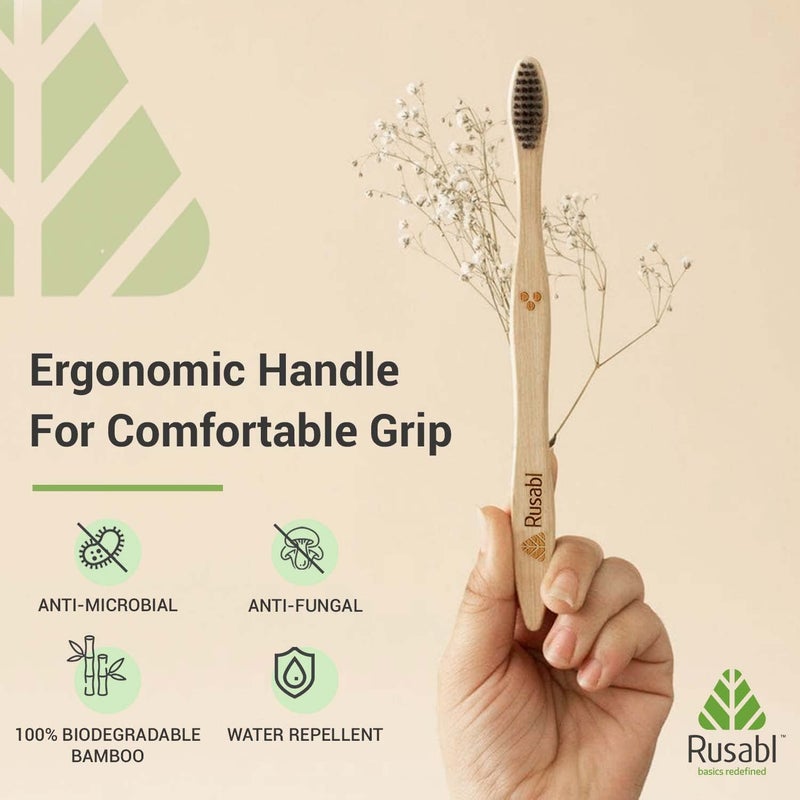 Rusabl Organic Bamboo Toothbrush for Adults (Pack of 2) Manual, Charcoal Activated Soft Bristles, Identification Marks, Biodegradable, Anti-Bacterial, Eco-friendly, Natural - Image 2