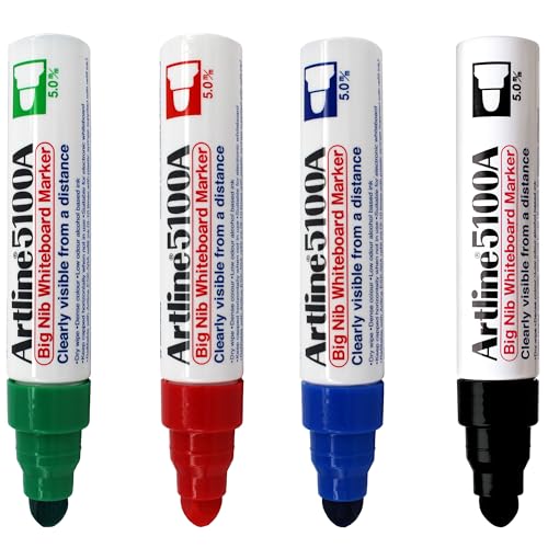 Artline 5100A Big Nib Magnum Whiteboard Dry Erase Markers Extra Thick 50mm Bullet Tip Readable from a Great Distance Low Odor Colored Markers for School Black Red Blue Green 4Pack - Image 1