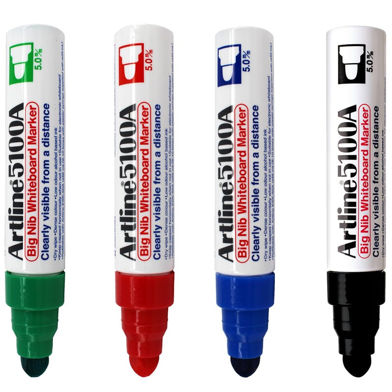 Artline 5100A Big Nib Magnum Whiteboard Dry Erase Markers Extra Thick 50mm Bullet Tip Readable from a Great Distance Low Odor Colored Markers for School Black Red Blue Green 4Pack - Image 2