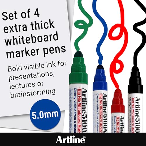 Artline 5100A Big Nib Magnum Whiteboard Dry Erase Markers Extra Thick 50mm Bullet Tip Readable from a Great Distance Low Odor Colored Markers for School Black Red Blue Green 4Pack - Image 3